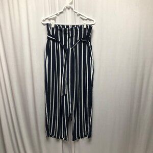 A New Day Navy White Striped High-Waist Cropped Pants Womens Size 8 Tie Belt